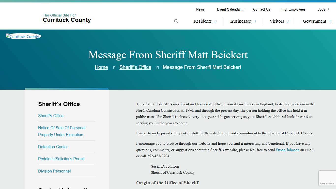 Message from Sheriff Matt Beickert - Currituck County